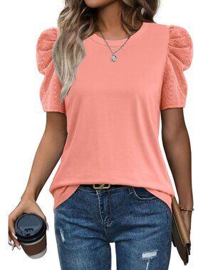 👑 Women's Coral Puff Sleeve Summer Crew Neck Casual Outfits Dressy T Shirt Tops